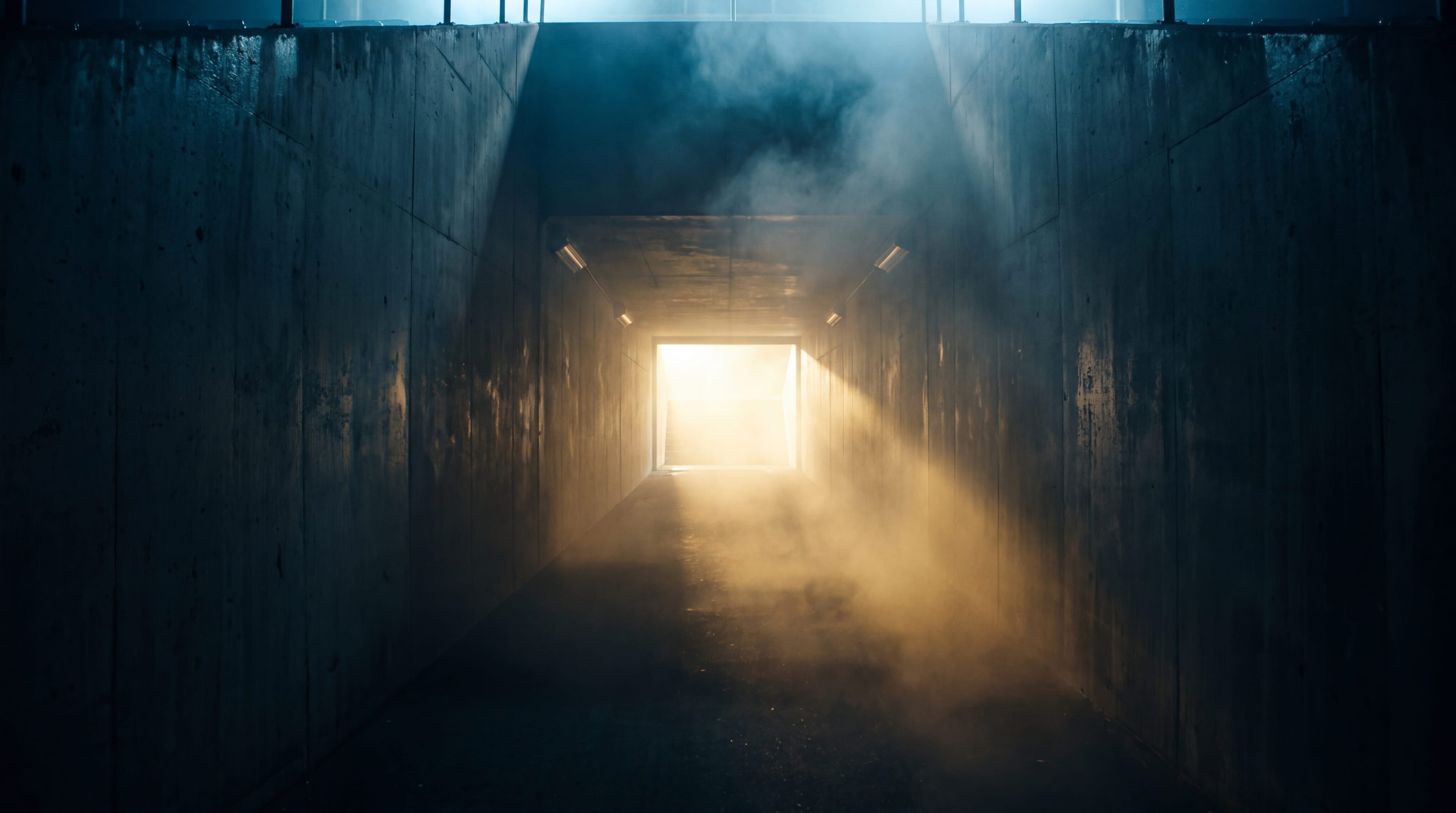 An empty players' tunnel leading out to a brightly lit pitch
