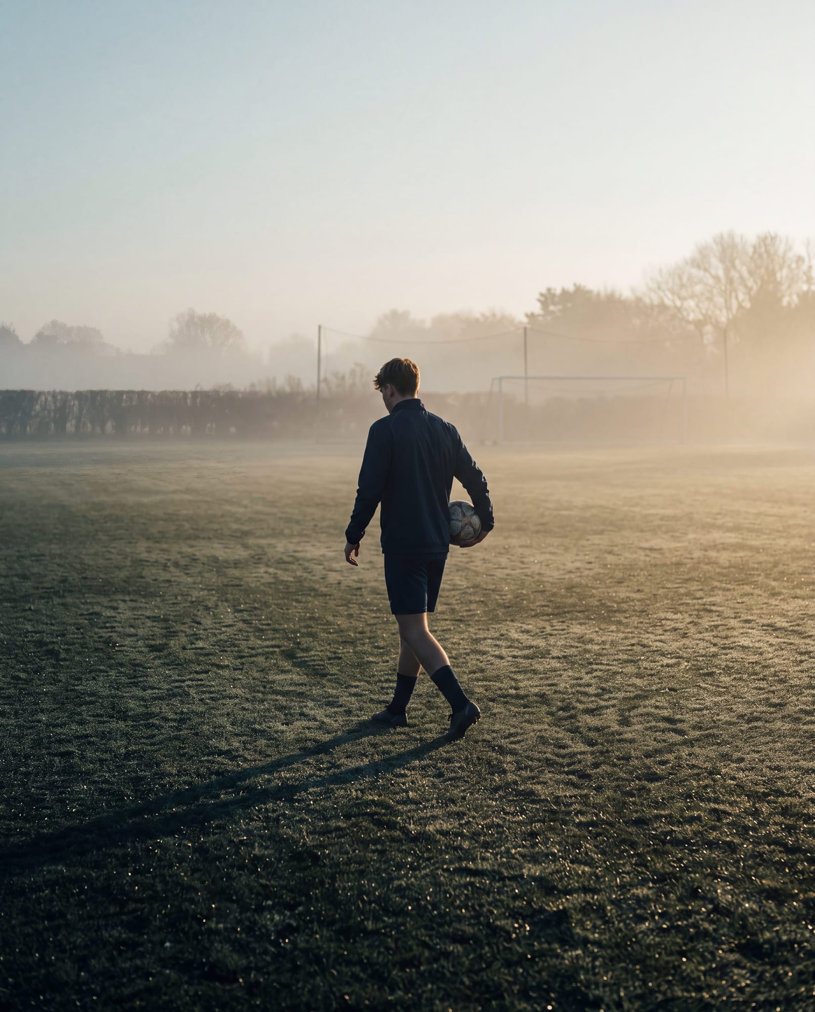 A young footballer alone on a training pitch in early morning light