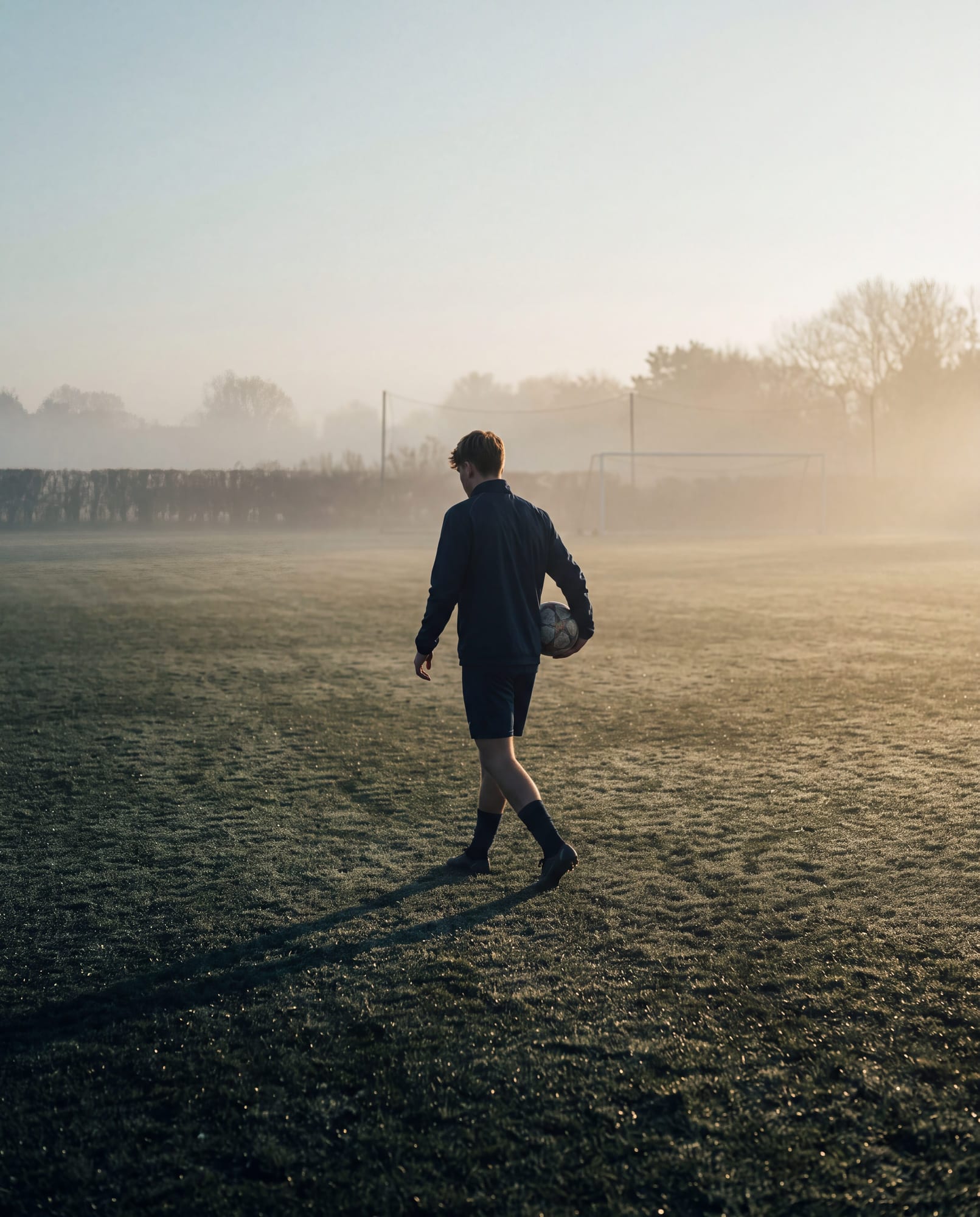 Junger Fußballer allein auf dem Trainingsplatz im frühen Morgenlicht