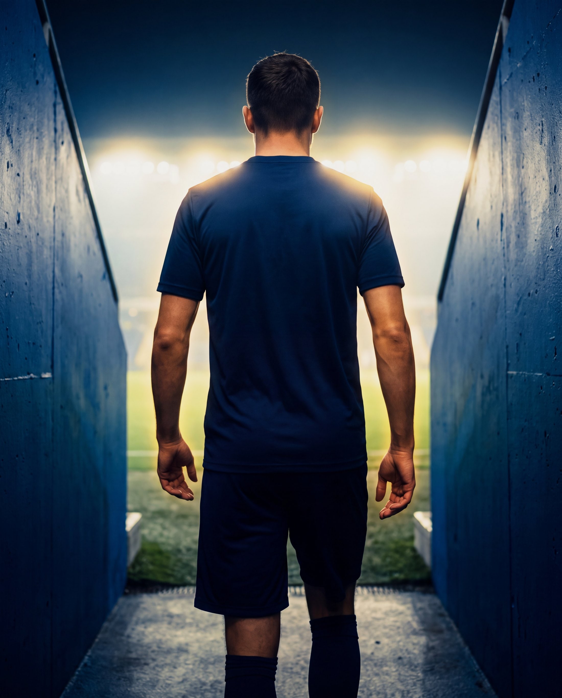A footballer seen from behind in a stadium tunnel, floodlight ahead
