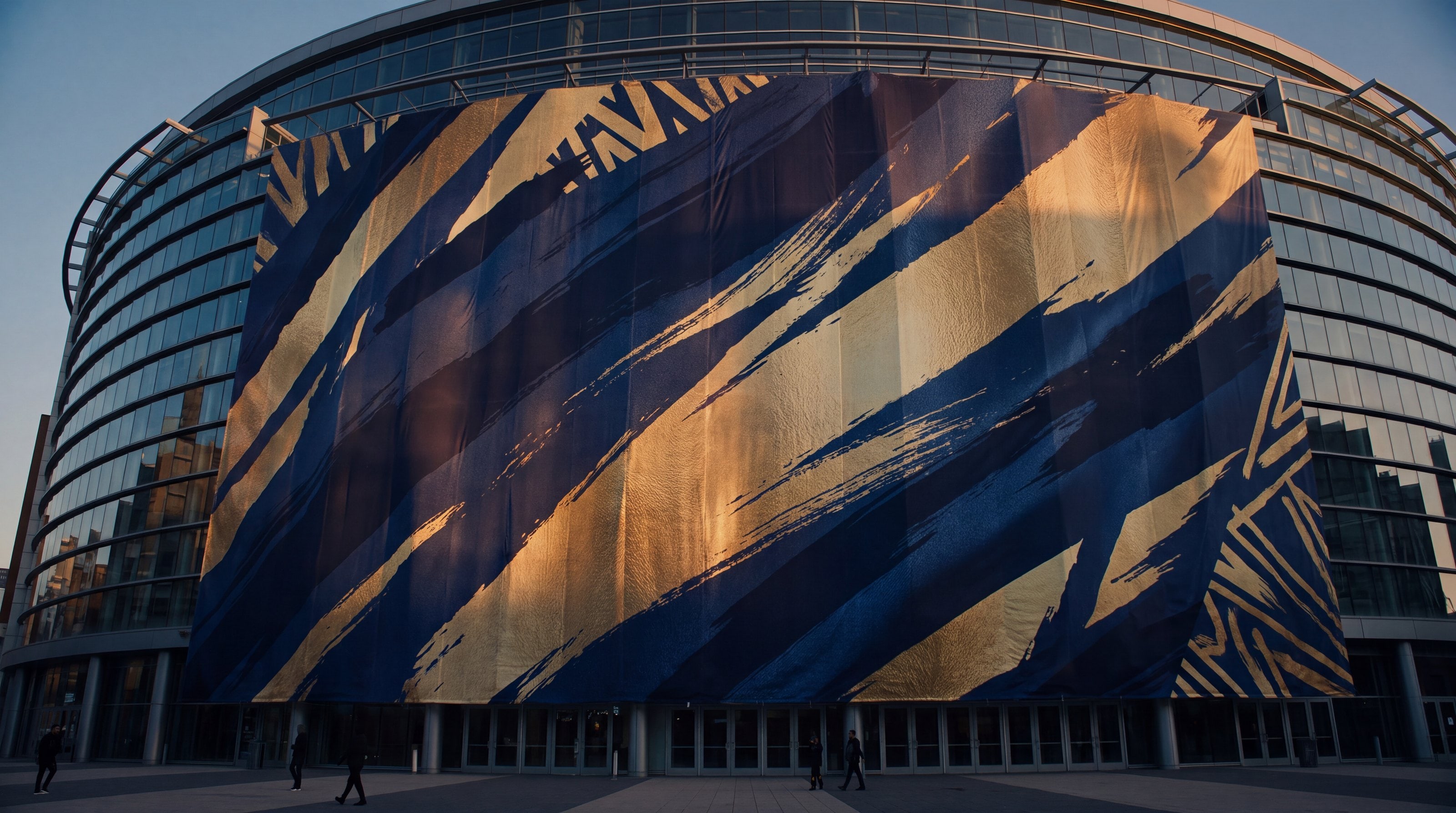 A vast campaign banner in navy and gold across an entire arena facade