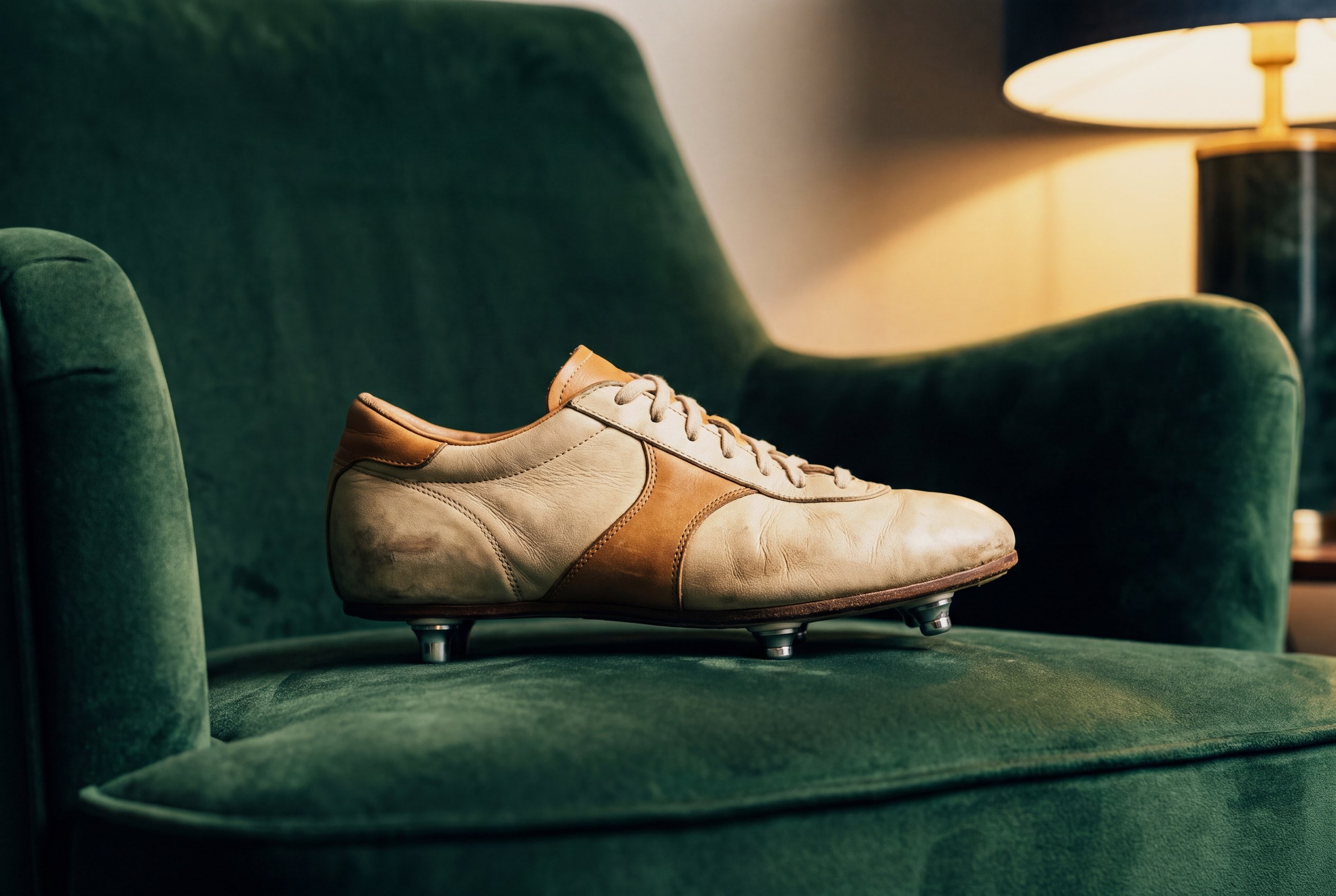 A pale leather football boot on a dark green velvet armchair in lamplight