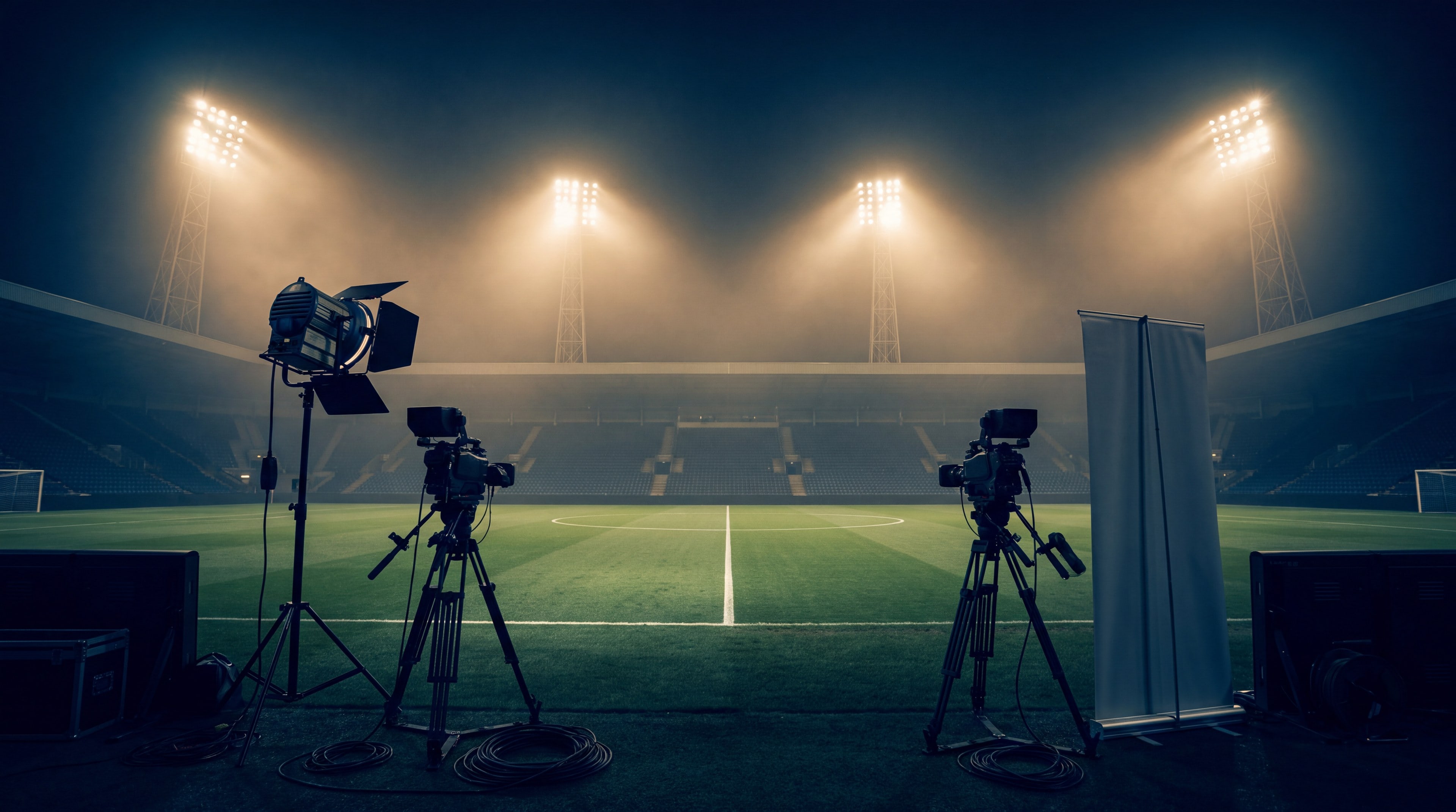An empty floodlit stadium at night, cameras, a lamp and a blank banner ringing the touchline around the centre circle