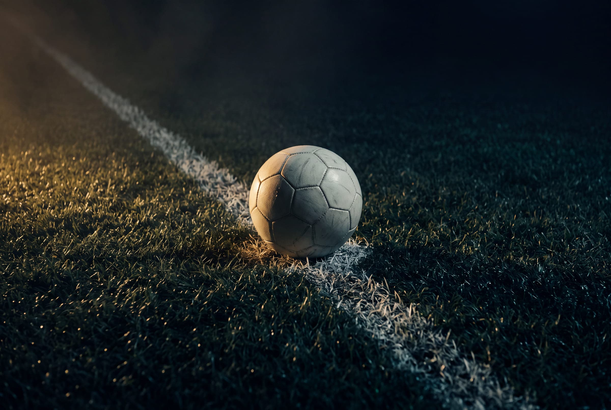 A football on the penalty spot in raking light